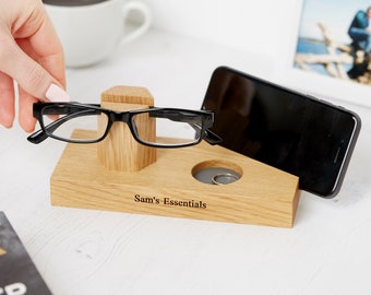 Personalised Oak Bedside Glasses and Phone Stand with Ring Dish / Gift For Him / Gifts For Men / Gifts For Her