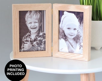 Solid Oak Hinged Double Picture Frame With Photo Prints / Two Aperture Photo Frame / Gift For Grandparents / Side by Side Images