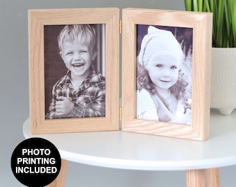 Massief eiken scharnierende dubbele fotolijst: cadeau voor grootouders (inclusief afdrukken)