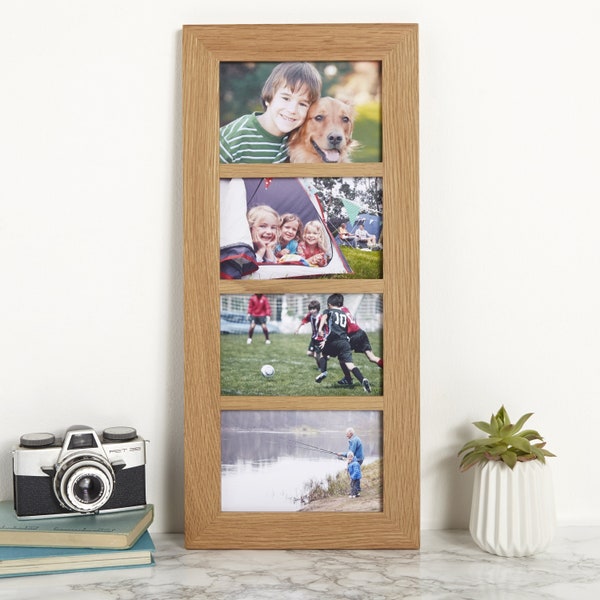 Solid Oak Four Aperture Picture Frame / For 6x4" Photos / With Photo Prints Option