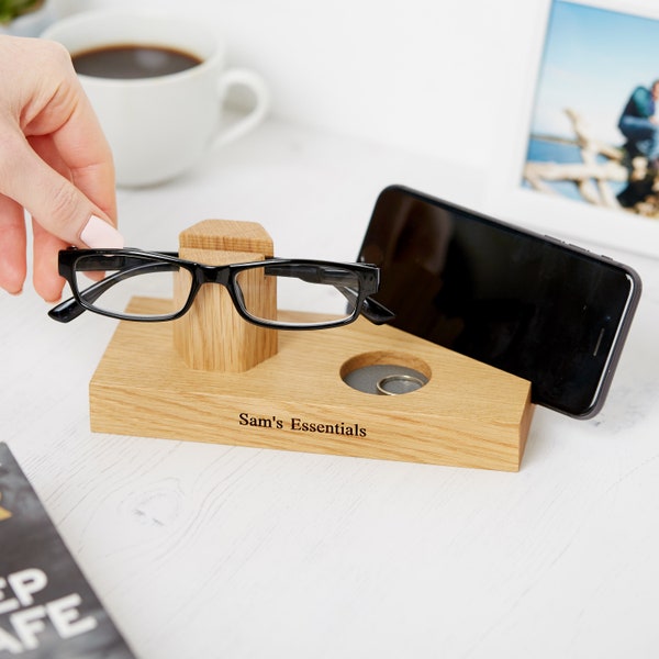Personalised Oak Bedside Glasses and Phone Stand with Ring Dish / Gift For Him / Gifts For Men / Gifts For Her