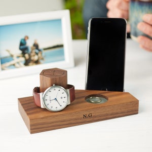 Personalised Walnut Bedside Watch And Phone Stand / Gifts For Dads / Watch Holder / Cellphone, watch and Ring Storage