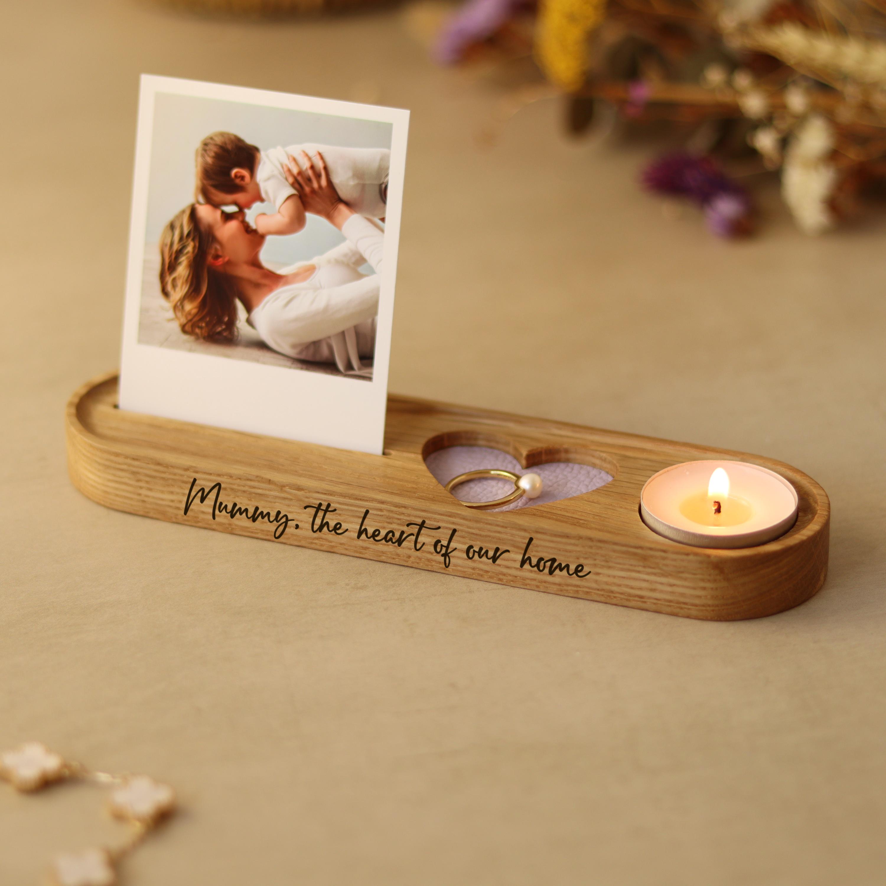 Personalised Oak Photo & Candle Stand with Leather Heart Ring Tray