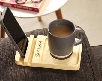 Personalised Wood Sofa Coaster Tray and Phone Stand