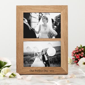 Solid oak double photo picture frame, engraved with a message of your choice. A perfect wedding gift or anniversary gift.