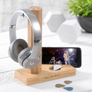 Personalised Headphone and Phone Charging Stand in Solid Oak | Gift for Teenager | Birthday Gift for Him or Her