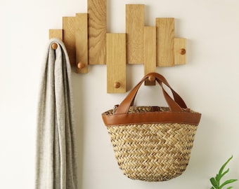Solid Oak Blocks Coat Rack with Shaker Pegs, Wooden Hallway Wall Storage Hooks