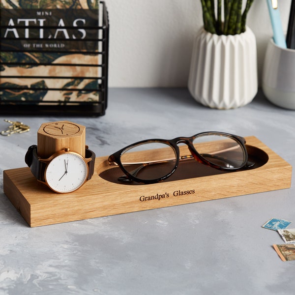 Personalised Oak Watch Stand and Glasses Tray: Leather Valet Tray