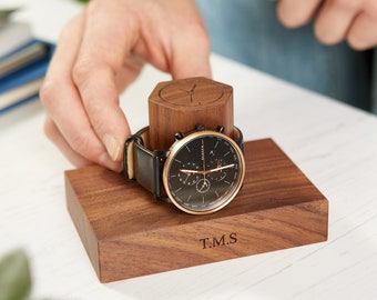 Personalized Single Hex Walnut Watch Storage Stand | Personalised Watch Display Holder | Customised Gift For Him