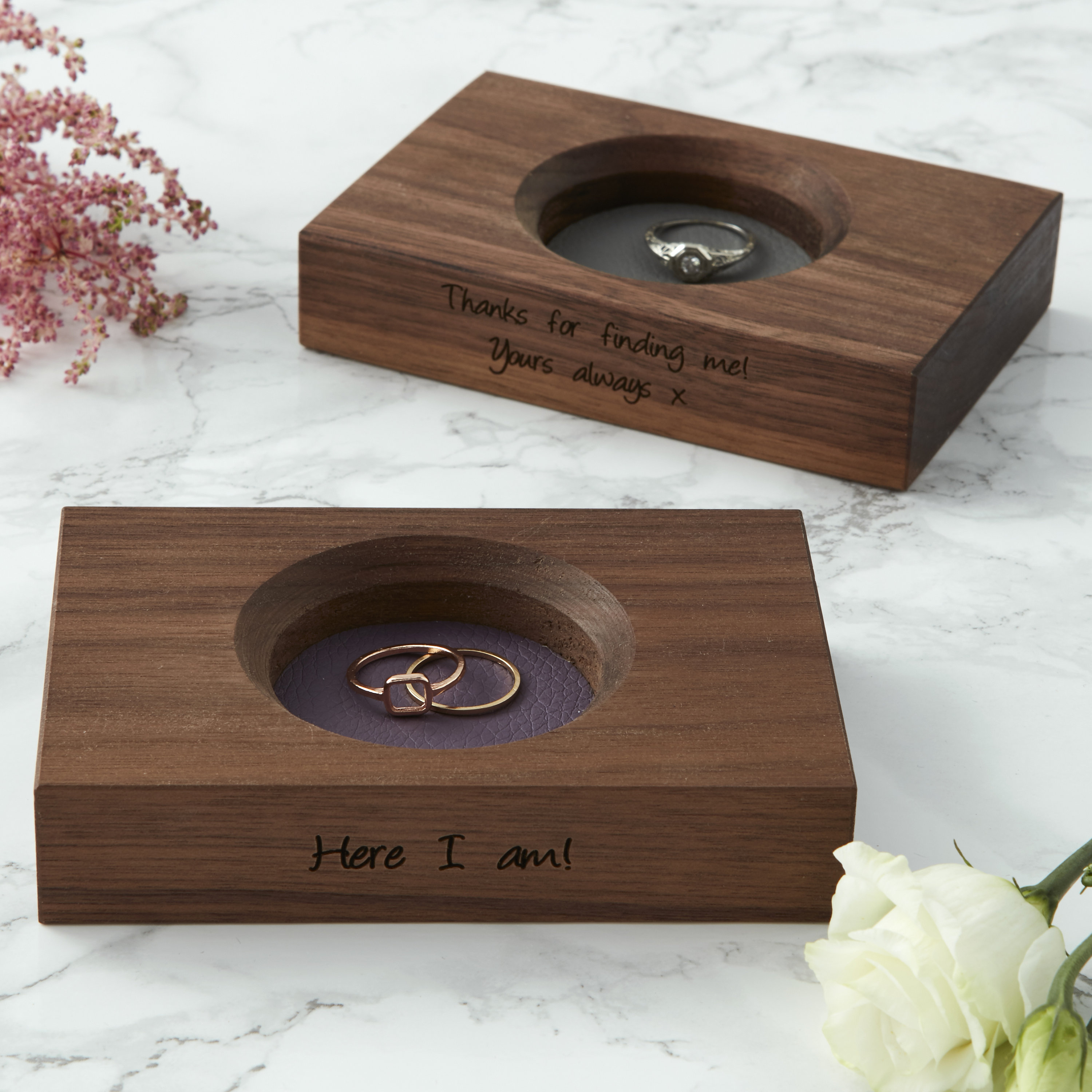 Personalised Walnut Ring Dish: Leather Lined Wooden Trinket Holder