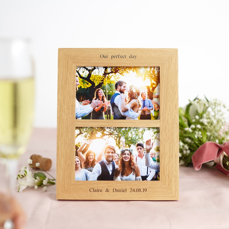 Solid oak double photo picture frame, engraved with a message of your choice. A perfect wedding gift or anniversary gift.