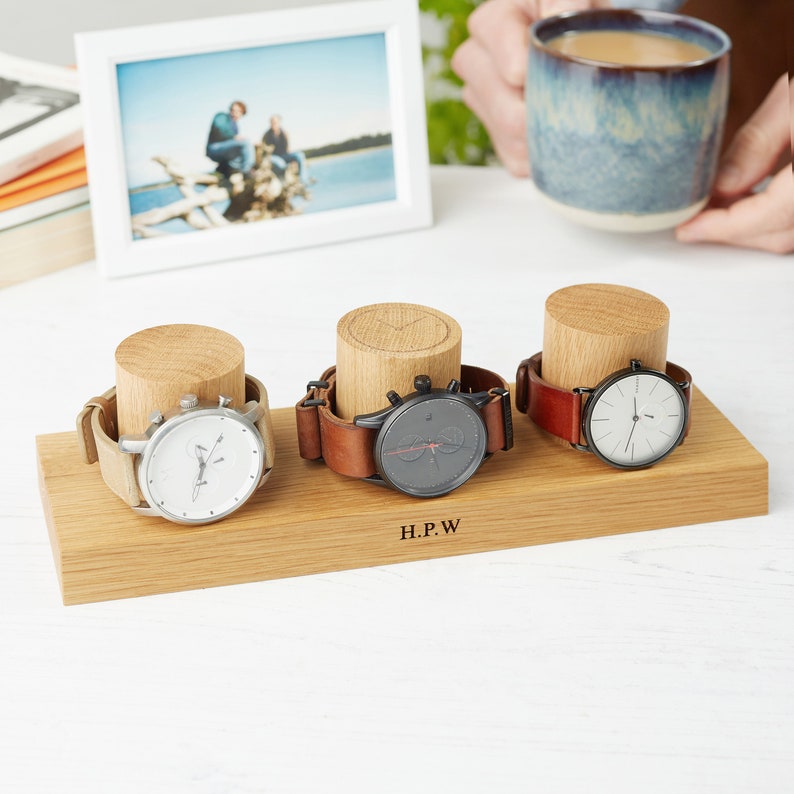 Personalised Oak Three-Watch Stand: Engraved Wooden Watch Holder