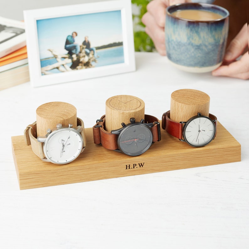 Watch Stand for Three Watches / Personalised Oak Watch Storage / Gift for Dad / Personalized Watch Holder / Gifts for Him / Watch Display image 1