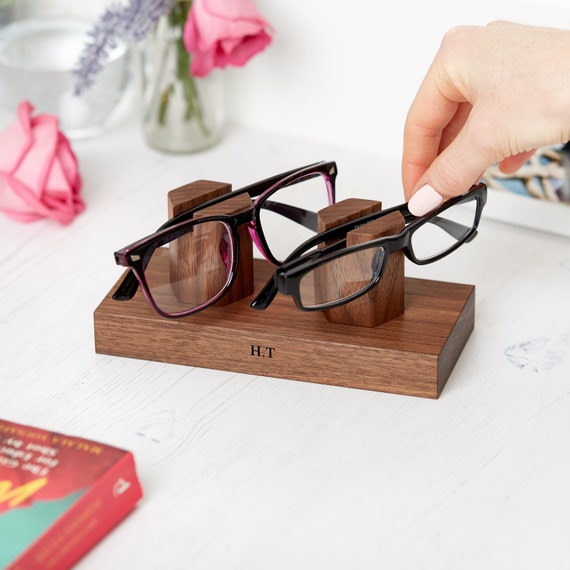 Personalised Walnut Double Glasses Stand, Engraved Eyeglasses Holder