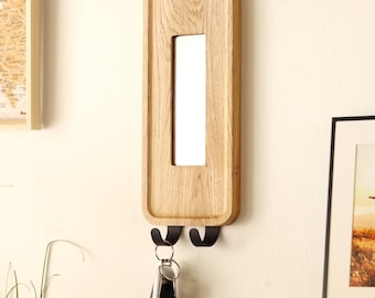 Solid Oak Wall Mirror With Key Hooks – Hallway Key Holder