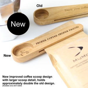 Solid Oak Personalised Coffee Scoop / Bag clip / Custom Coffee Spoon / Filter Coffee Bag Sealer / Coffee Lover Gifts / 5th Wedding Gift image 2