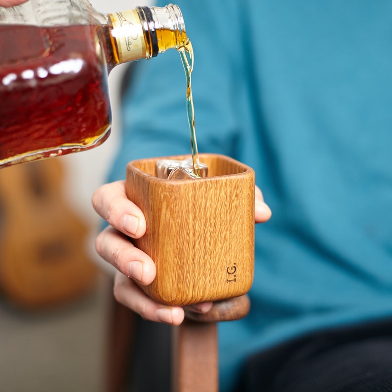 Solid oak whiskey tumbler engraved with initials, perfect for Father's Day gift...cheers