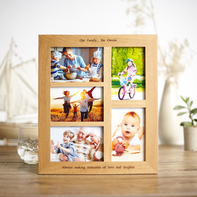 Solid Oak 5 Aperture Photo Frame Multi 6 X4 Picture Personalised Family Wedding