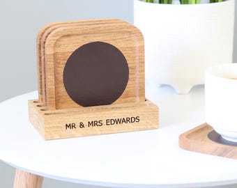 Personalised Oak Coaster Set with Holder, Solid Wood Drinks Coasters, UK Handmade Homeware