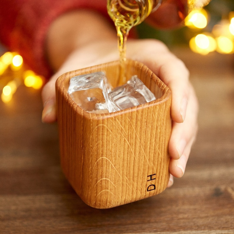 Solid oak whiskey tumbler engraved with initials, perfect for Father's Day gift
