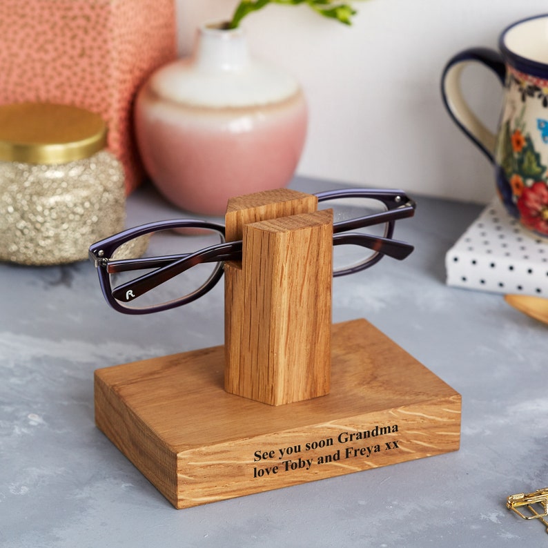 Solid Oak Personalised Glasses Stand / Gifts For Grandparents / Grandad Gift / Eye Glass Holder / Retirement Gift / Anniversary Gifts Back Only