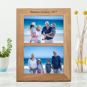 Solid oak double photo picture frame, engraved with a message of your choice. A perfect twin photo frame for those special family moments