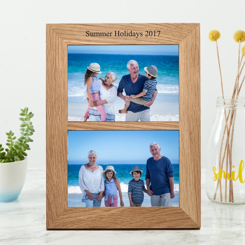 Solid oak double photo picture frame, engraved with a message of your choice. A perfect twin photo frame for those special family moments