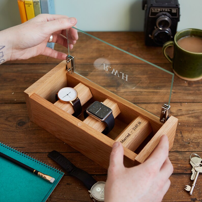 Oak Watch Box for 3 Watches with Personalised Engraved Glass, Men's Watch Box Case, Personalized Gift Custom Watch Box Glass, Anniversary image 2