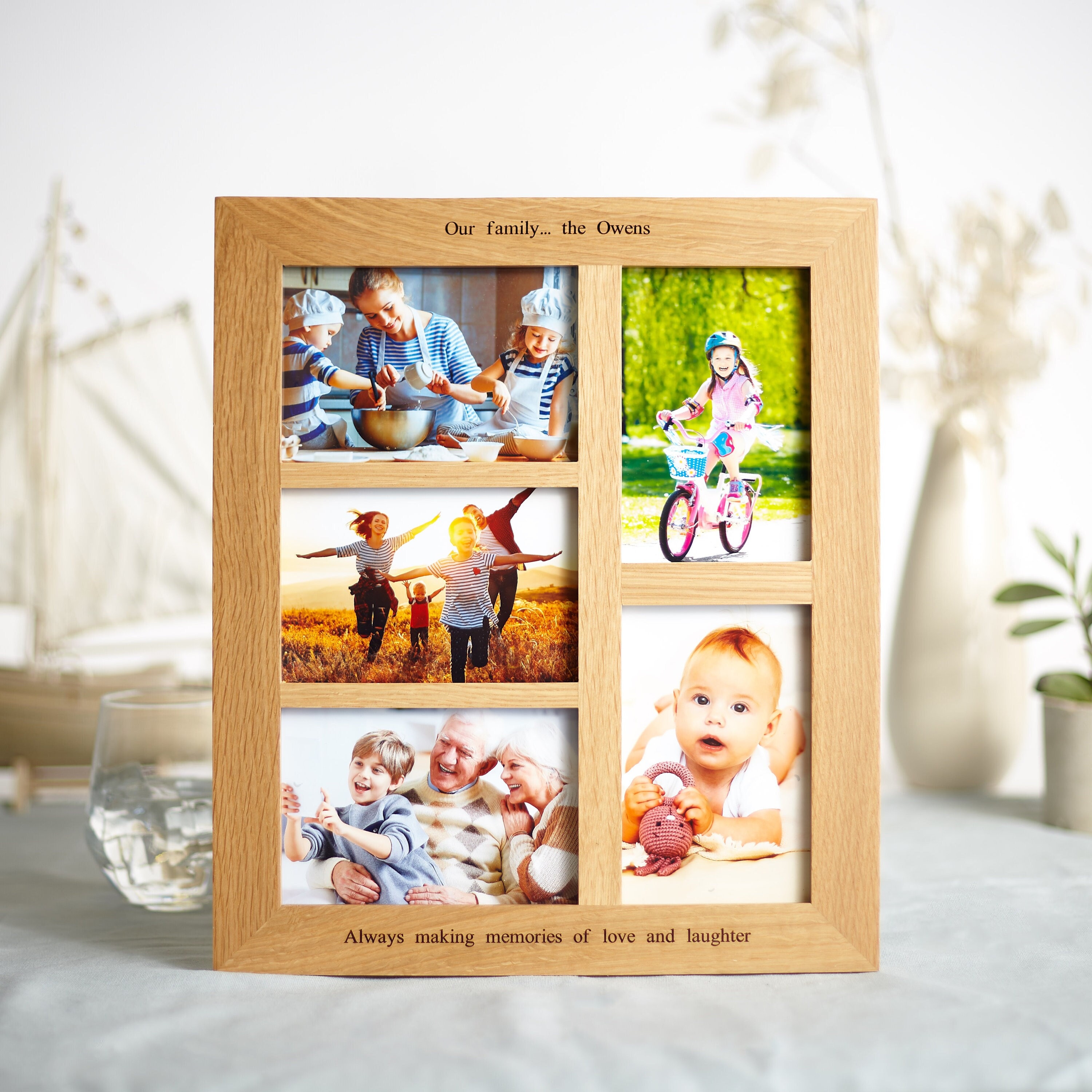 Multi Aperture Photo Frame. Holds One 8x8 Photo and Twelve 4x4 Photos.  50x50cm. Wooden Collage Photo Frame. Handmade by Arthome. 