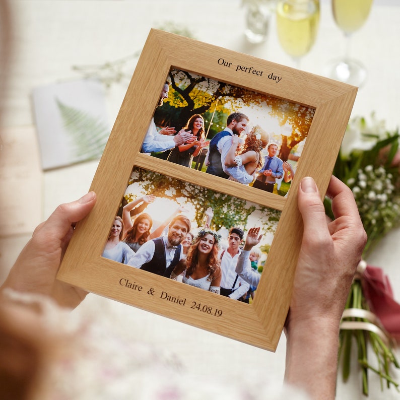 Solid oak double photo picture frame, engraved with a message of your choice. A perfect wedding gift or anniversary gift.