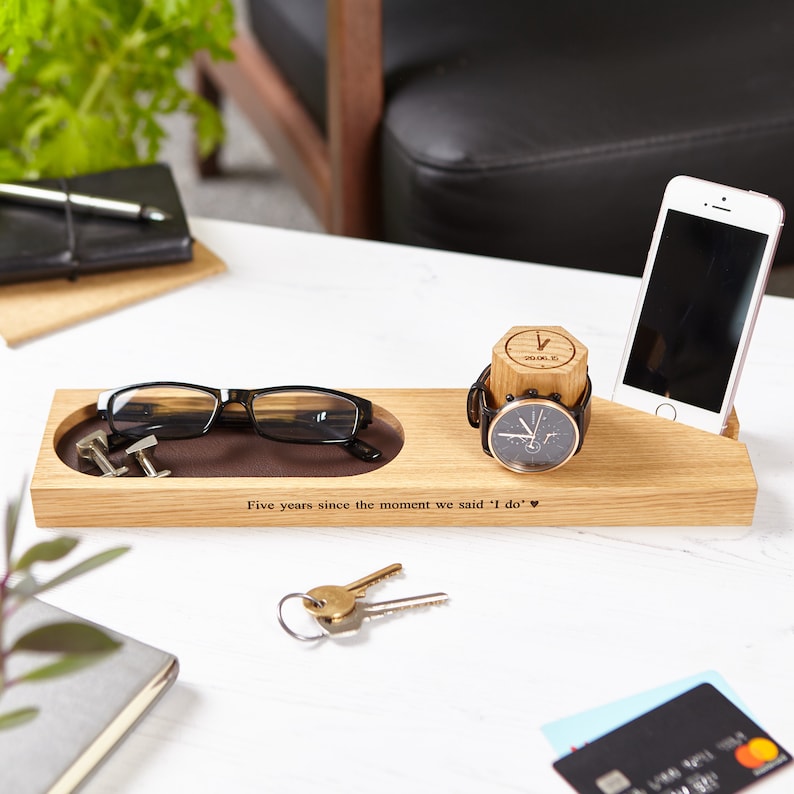 Personalised Solid Oak Time And Date Bedside Watch Stands / Birthday Gift / Watch Display / Dad Gift / Wedding Gift / Gift For Him Watch, tray & slot