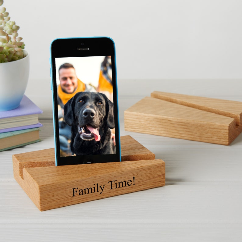 Personalised Oak or Walnut Phone And Tablet Stand / Tech Gifts / Personalised iPad or iPhone Holder / Docking Station / Gifts For Dads 