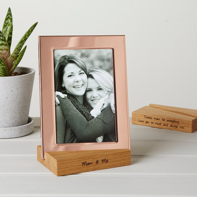 Copper Photo Frame With Personalised Oak Base Stand / 7th Wedding Anniversary Gift / Wedding Day Photo Frame / Mother's Day Gift for Her image 2