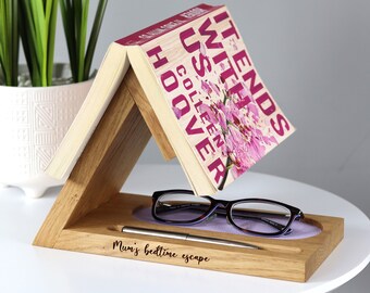 Personalised Book Stand in Solid Oak with Glasses Tray and Pen Holder