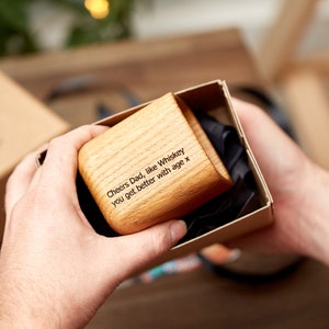 Solid oak whiskey tumbler engraved with initials in gift box.