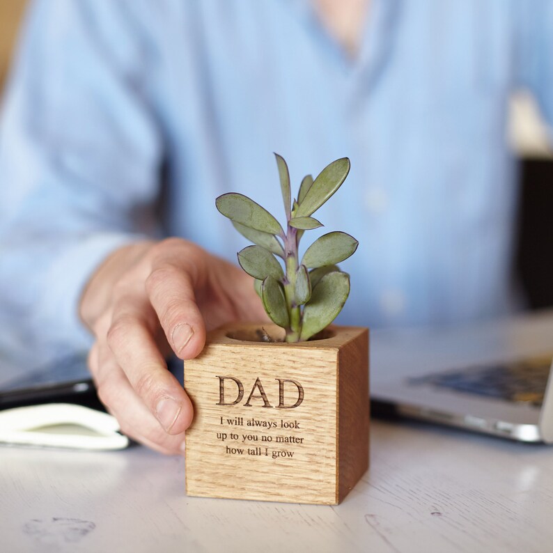 Personalised Solid Oak Micro Plant Pot / Birthday Gift / Gift for Dad / Personalized Pot Plant Holder / Gifts for Gardeners image 2