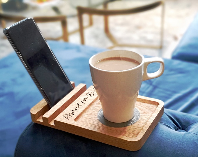 Sofa Coaster Tray and Phone Stand in Solid Oak