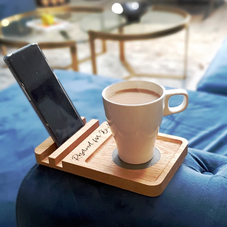 Engraved oak and leather sofa coaster tray with phone stand. Protect your sofa / couch from spills, perfect to place your tea or coffee