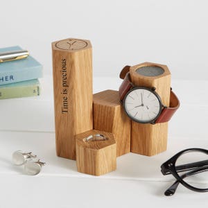 Personalised Wood Hex Jewellery and Watch Stand / Gift For Him / Dad Birthday Gift / Watch Display Stand / Brother Gift / Groom Gift image 4