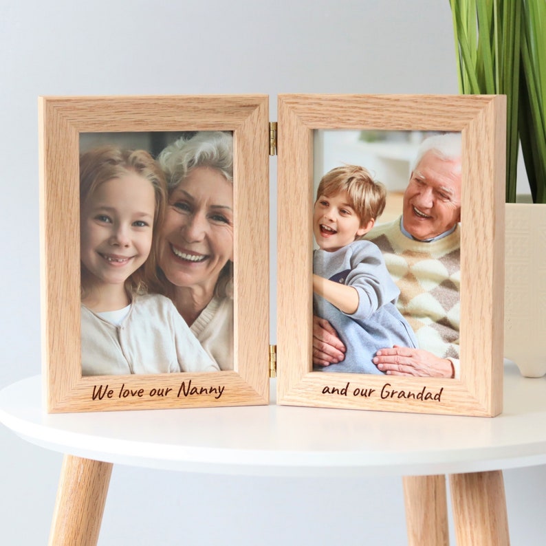 Solid oak hinged double photo frame with engraved message available with photo printing service. Ideal gift for grandparents or family to capture those special family moments together.