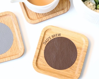 Personalised Drinks Coaster in Solid Oak with Leather