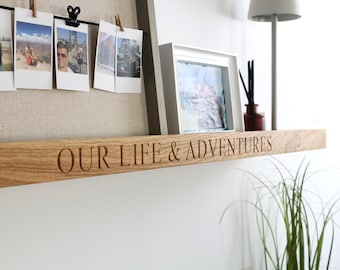 Solid Oak Floating Shelf With Carved Text, Custom Picture Ledge Wall Shelf