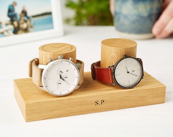 Personalised Oak Watch Stand for Two Watches, Engraved Watch Display