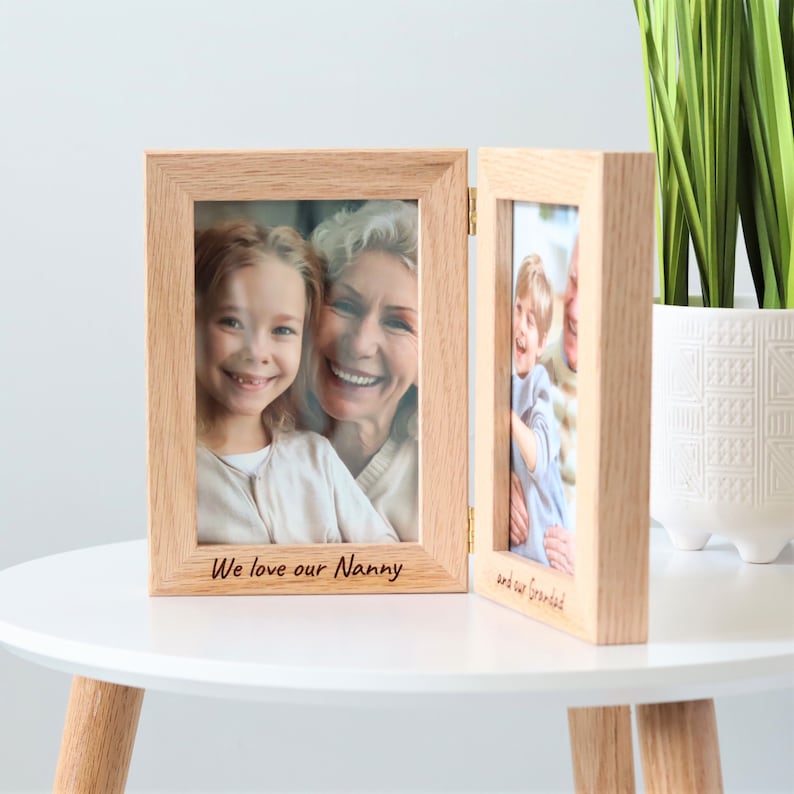Solid oak hinged double photo frame with engraved message available with photo printing service. Ideal gift for grandparents or family to capture those special family moments together.