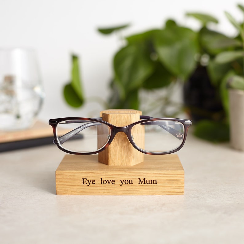 Solid oak glasses stand, engraved with a message of your choice such as 'Eye love you'