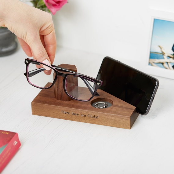 Personalised Walnut Bedside Glasses and Phone Stand With Ring Dish