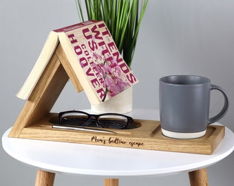 Personalised Book Stand in Solid Oak with Glasses Tray, Coaster and Pen Holder