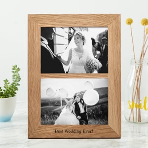 Solid oak double photo picture frame, engraved with a message of your choice. A perfect wedding gift or anniversary gift.