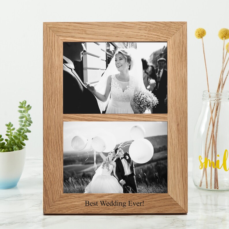 Solid oak double photo picture frame, engraved with a message of your choice. A perfect wedding gift or anniversary gift.