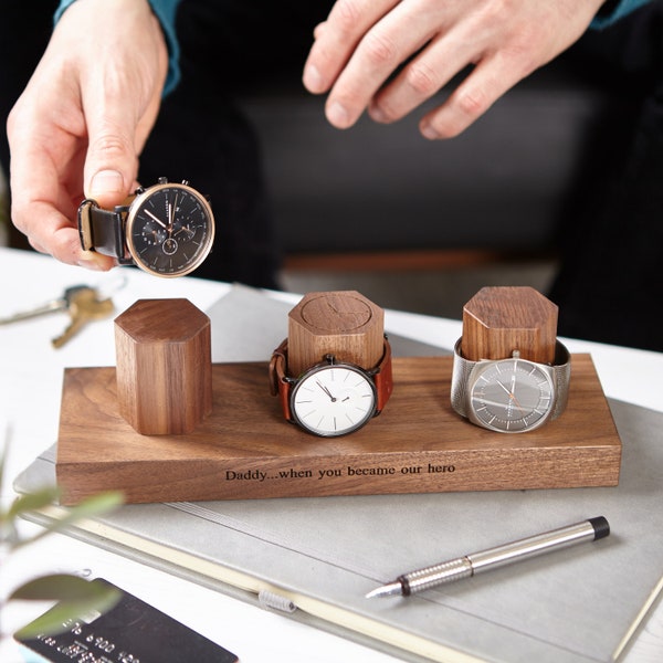 Personalized Three Hex Walnut Watch Storage Stand / Custom Engraved Watch Holder / Personalised Watch Display / Gift For Him / Gift For Men